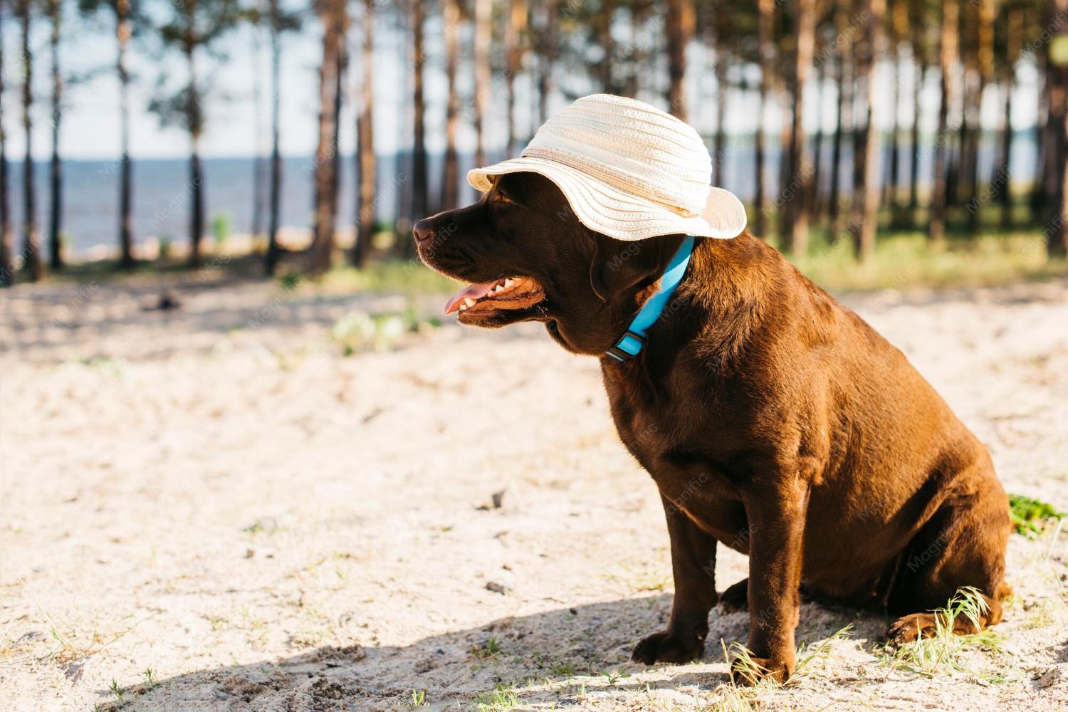Chocolate Labrador wearing a sun hat panting in the shade on a hot summer day